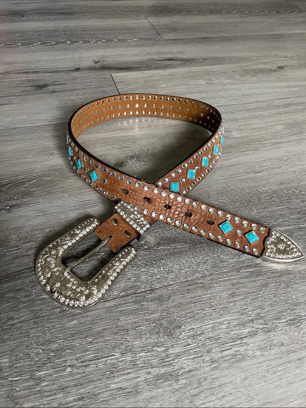 Brown Leather Western Belt with Turquoise Accents and Decorative Silver Buckle